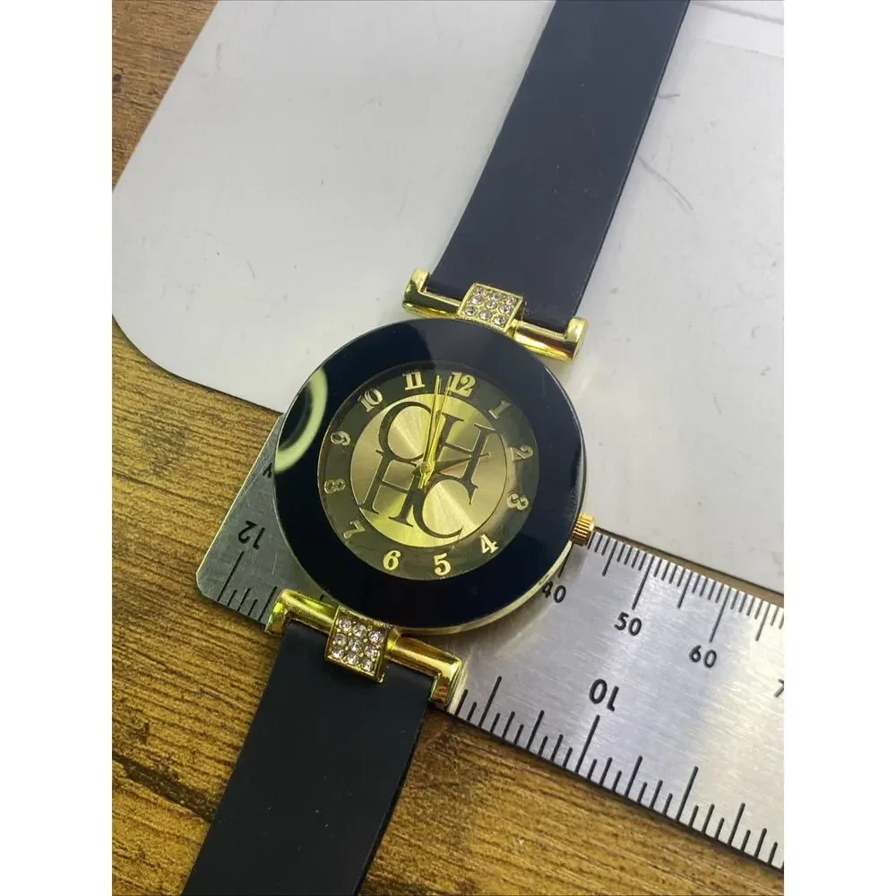 Womens Gold Black Rubber Watch Works New Battery
